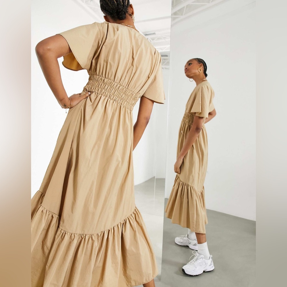 ASOS Edition Shirred-Waist Tiered Midi Dress Camel Women’s 2 - Picture 2 of 11